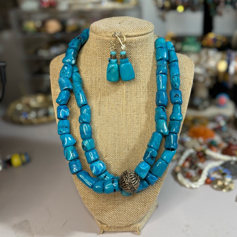 Vintage Barse Blue Bamboo Coral double strand necklace & bamboo earrings